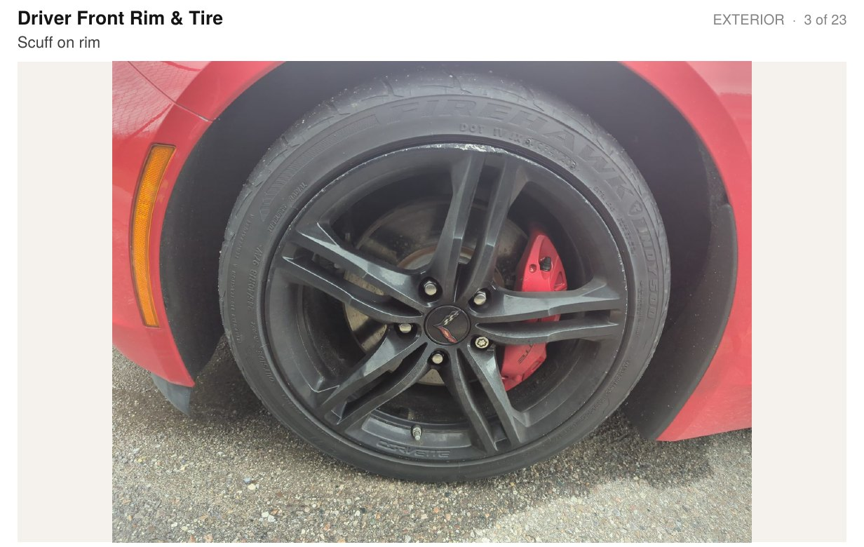 Inspection report page showing the driver front rim and tire with the note scuff on rim